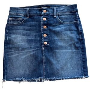 J Brand Rosalie Button Fly Denim Mini Skirt Sz 27 Blue Jean Raw Edge Distressed